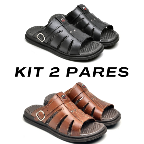 Kit 2 Sandalia Masculina Ante-Stres ANATOMICA Preta Ortoepedica Original  de Couro Confortavel.