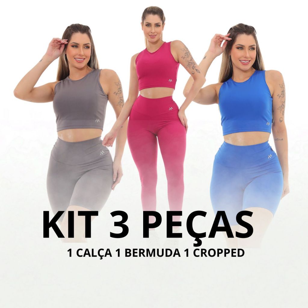 Kit 3 Peças 1 Cropped 1 Bermuda 1 Legging Blackout Zero Transparência Moda Academia