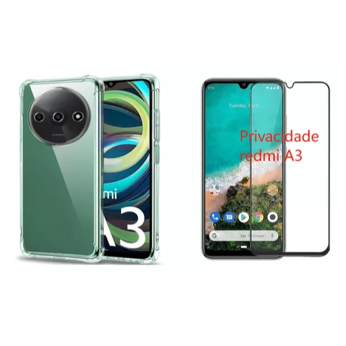 Kit Capa Transparente + Película 3D de Vidro Privacidade Redmi A3 6.7