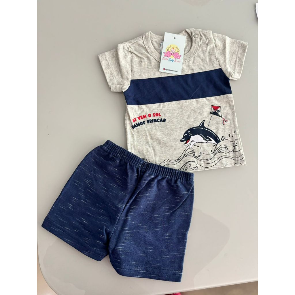 Conjunto Camiseta mescla/ Bermuda moletom rajado para bebê menino verão PMG