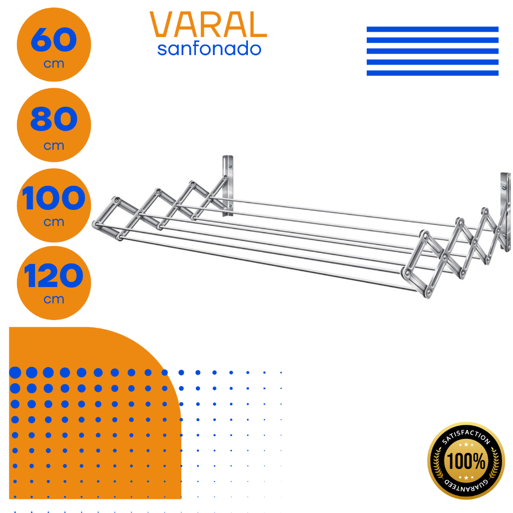 Varal de Roupa Sanfonado de Parede Retrátil em Aço Branco OU Alumínio - 60cm - 80cm  - 100cm - 120cm
