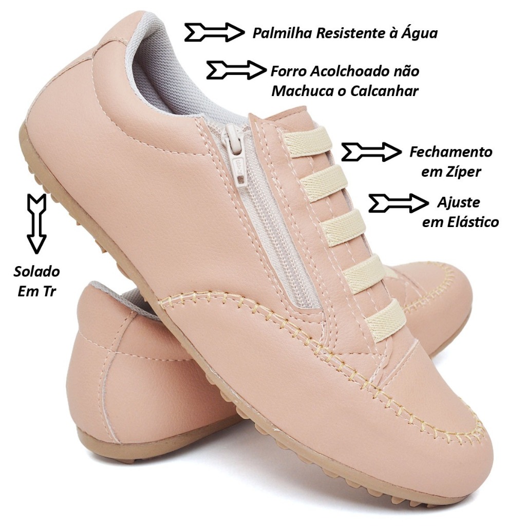 Sapato Mocassim Feminino Bege Em Couro com Fechamento em Zíper e Ajuste em Elástico