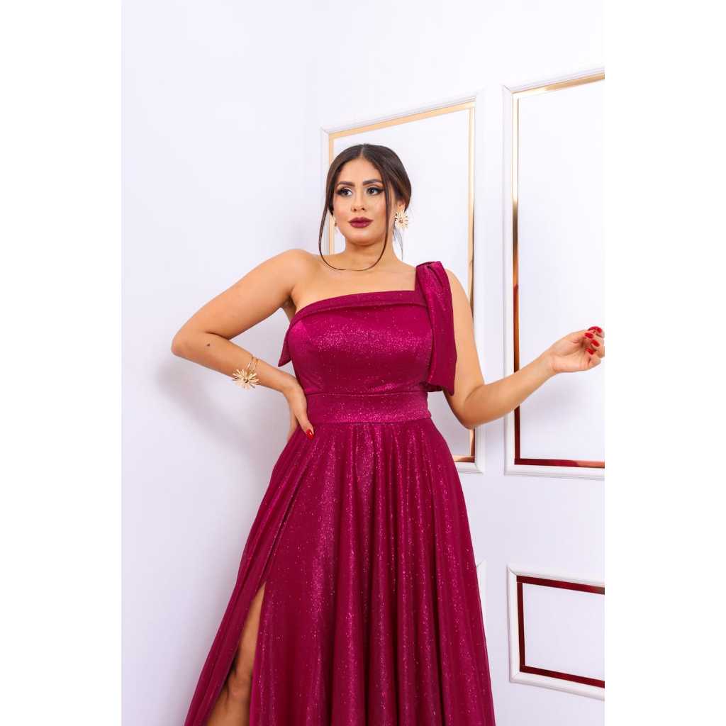 Vestido Longo Feminino de Festa Ombro Só Tule Com Brilho e Fenda Formanda Madrinha