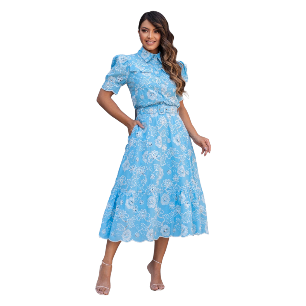 Conjunto Camisa + Saia com Cinto Moda Cristã Lese 100% Algodão Botões Encapados Funcionais Angela