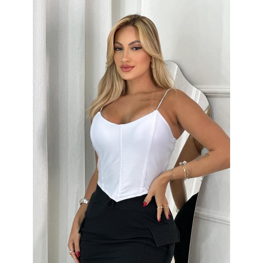 Cropped Feminino Morcego Couro Cirre Alça Brilhante Strass Decote V com bojo Moda Feminina Festa Balada em Oferta na Shopee