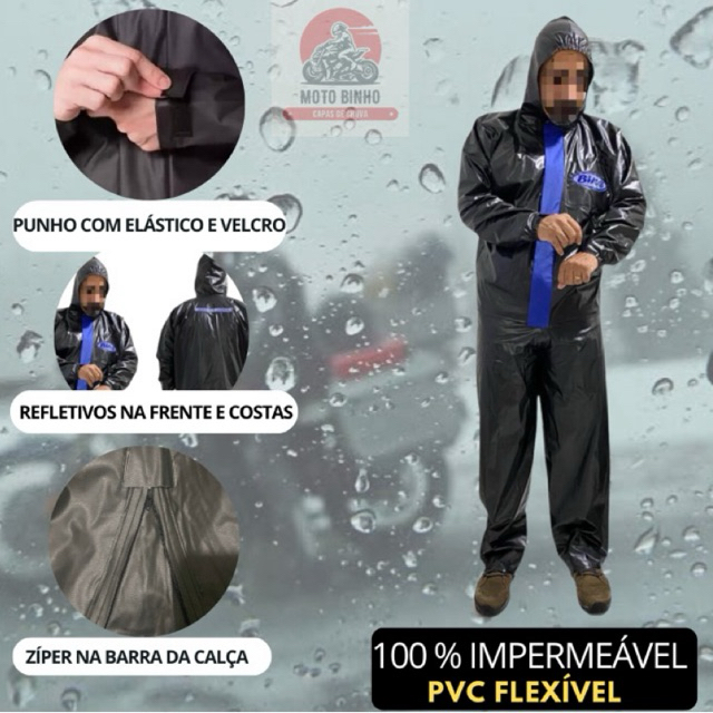 Capa de Chuva com Capuz Preto/Azul para Motociclista em PVC 100% Impermeável