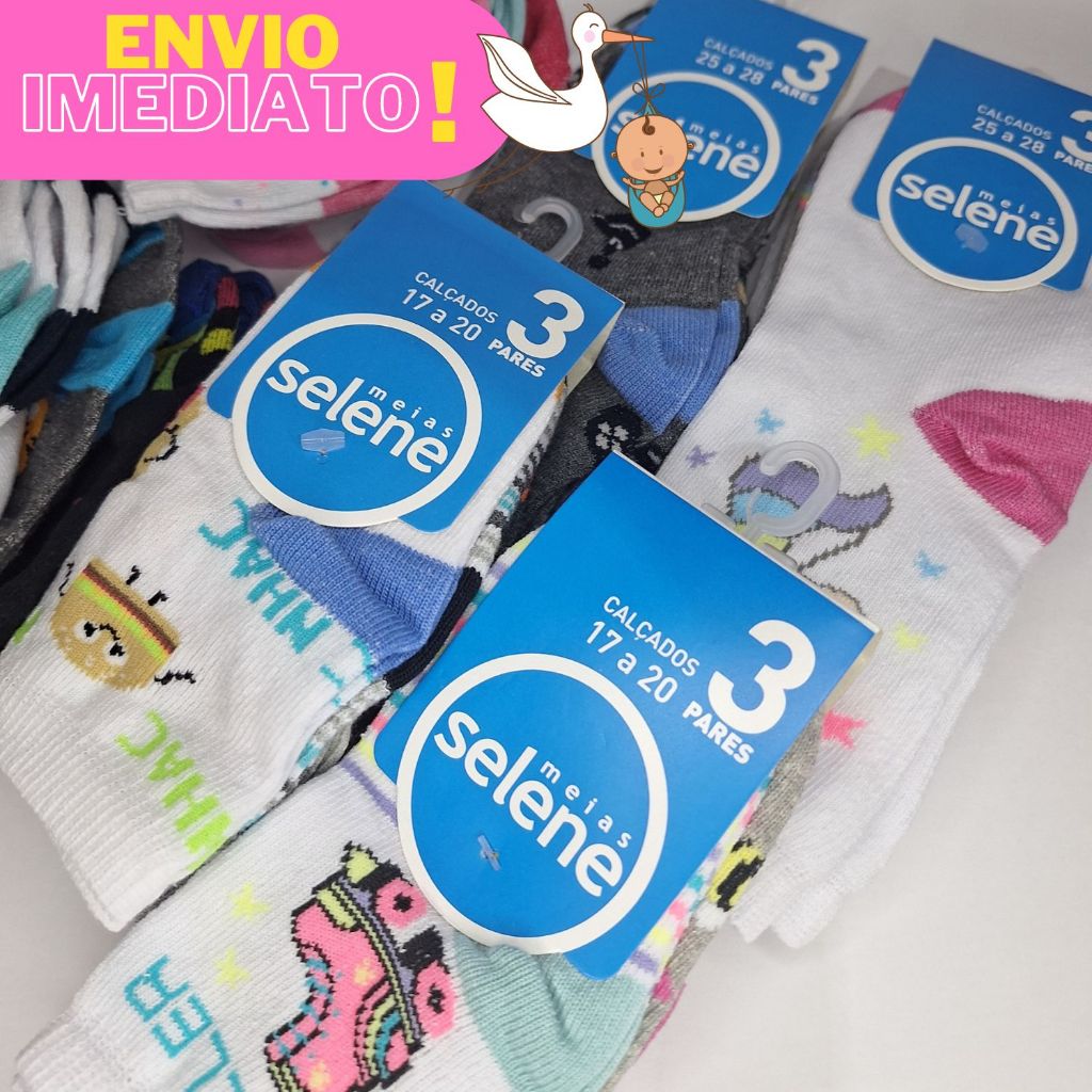 Kit Com 3 Pares Meias De Algodão Selene Diversos Tamanhos 17 ao 34 Estampada Sortidas Divertidas