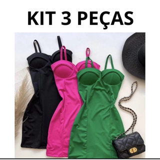 KIT 3 PEÇAS Vestido alcinha curto colado retro com bojo em Oferta na Shopee