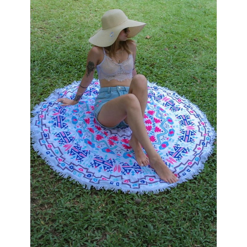 Canga Praia Redonda Com Franja Mandala Mesa Moda Saida Verão