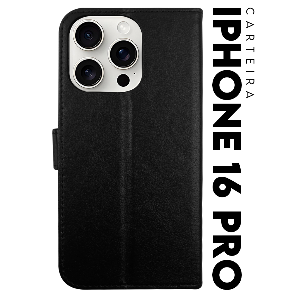 Capa Case Capinha Carteira Flip Cover Couro Sintético PRETA Para IPhone 16 Pro tela 6.3  Cell in Power25