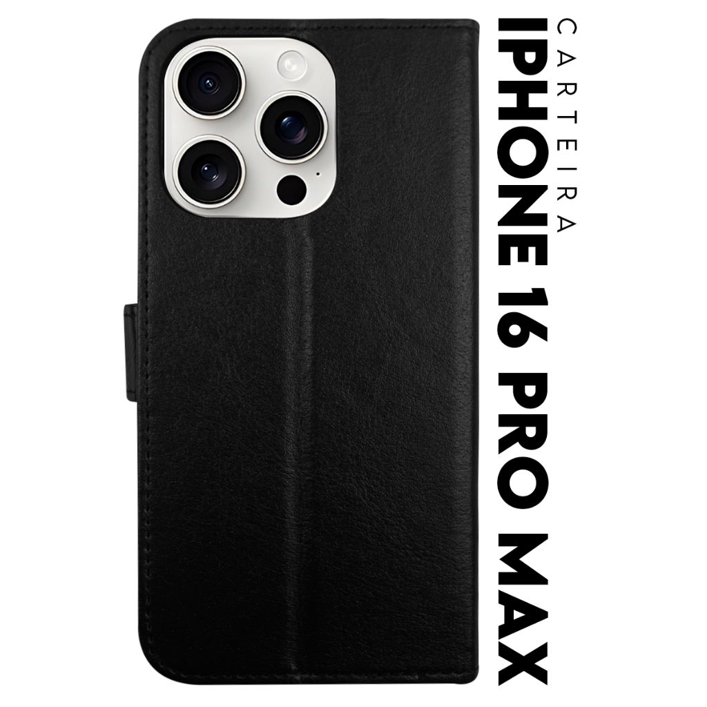 Capa Case Capinha Carteira Flip Cover Couro Sintético PRETA Para IPhone 16 Pro Max tela 6.9  Cell in Power25