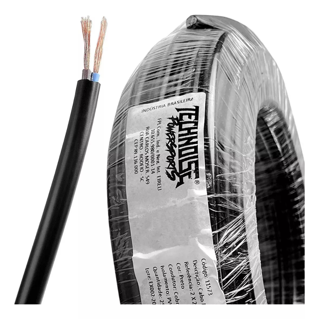 Technoise Cabo Paralelo 2x2,5mm 25 Metros Capa Dupla Cobre Som Automotivo Alto Falante