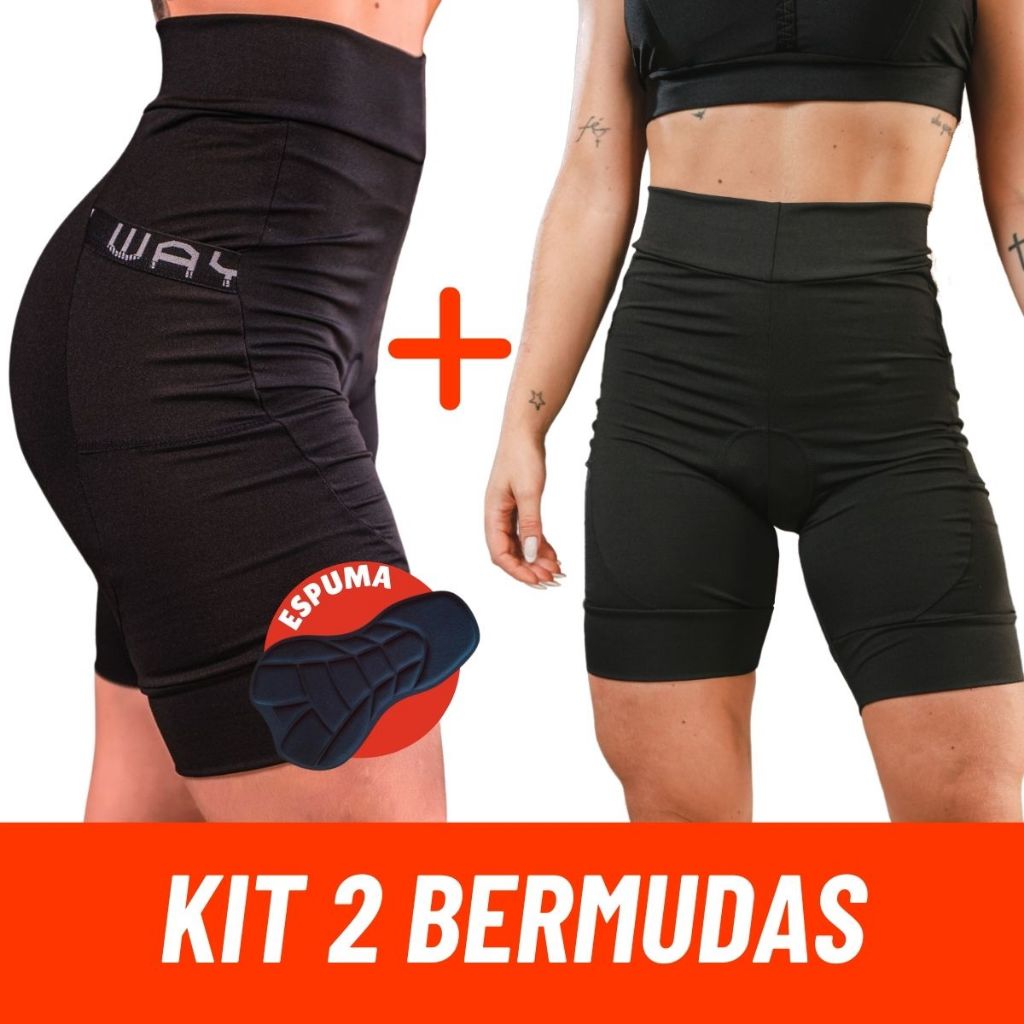 Kit Short Bermuda Ciclismo Feminino Preto Forro Espuma Bike Pedal Roupa Calça Bolsos Mulher Mtb
