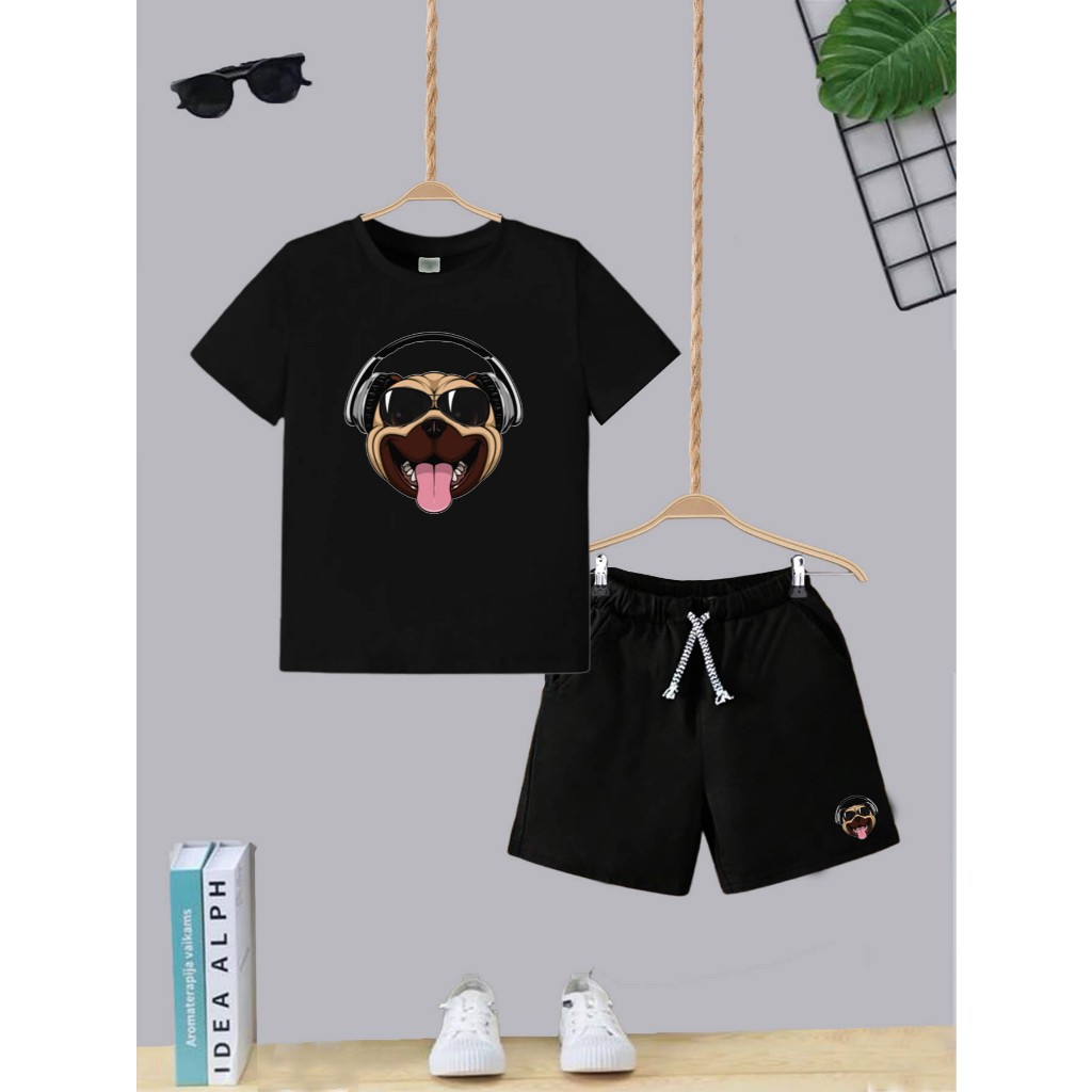 Kit Camiseta + Short com Bolso Conjunto Juvenil Infantil Algodão Confortável  Dog Língua Estiloso Roupa