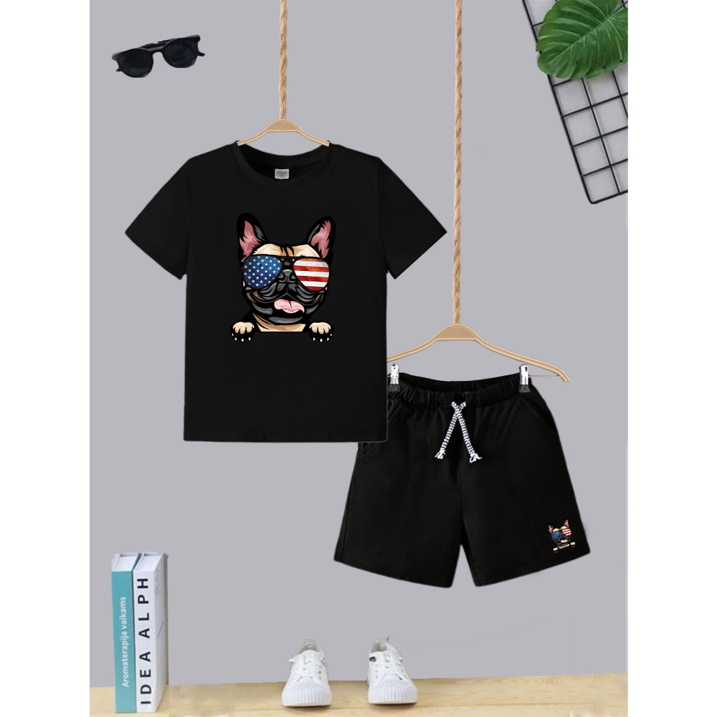 Kit Camiseta + Short com Bolso Conjunto Juvenil Infantil Algodão Confortável Dog Óculos EUA Estiloso Roupa