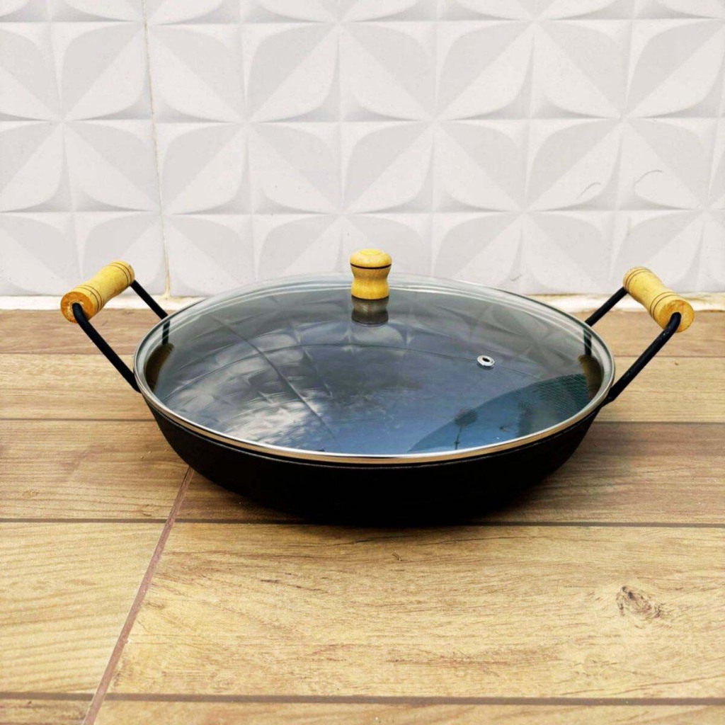 Panela Paellera Aço Ferro - Frigideira Wok - Tacho - Paella Chapa Disco De Arado Com Tampa De Vidro