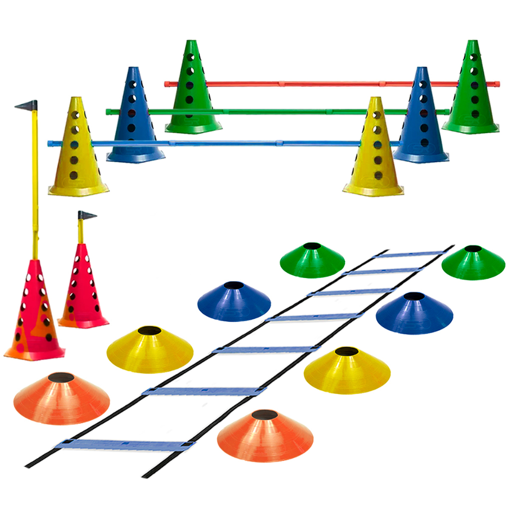Kit  Treino Agilidade - 8 Cones Furados C/ Barreiras + 8 Pratos + Escada Funcional