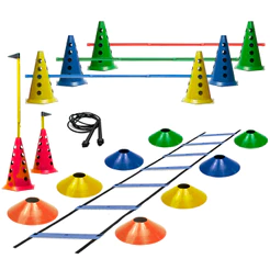 Escada Funcional + 8 Cones C/ 4 Barreiras + 8 Pratos Agilidade + 1 Corda De Pular - Kit Para Treinamento