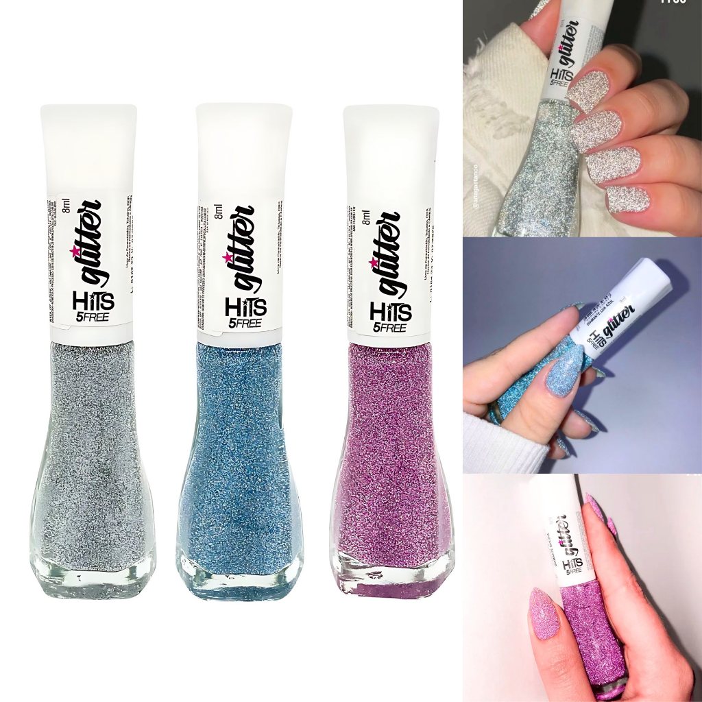 Kit Esmalte Hits Diamante Refletivo 3 Cores Prata Azul Rosa