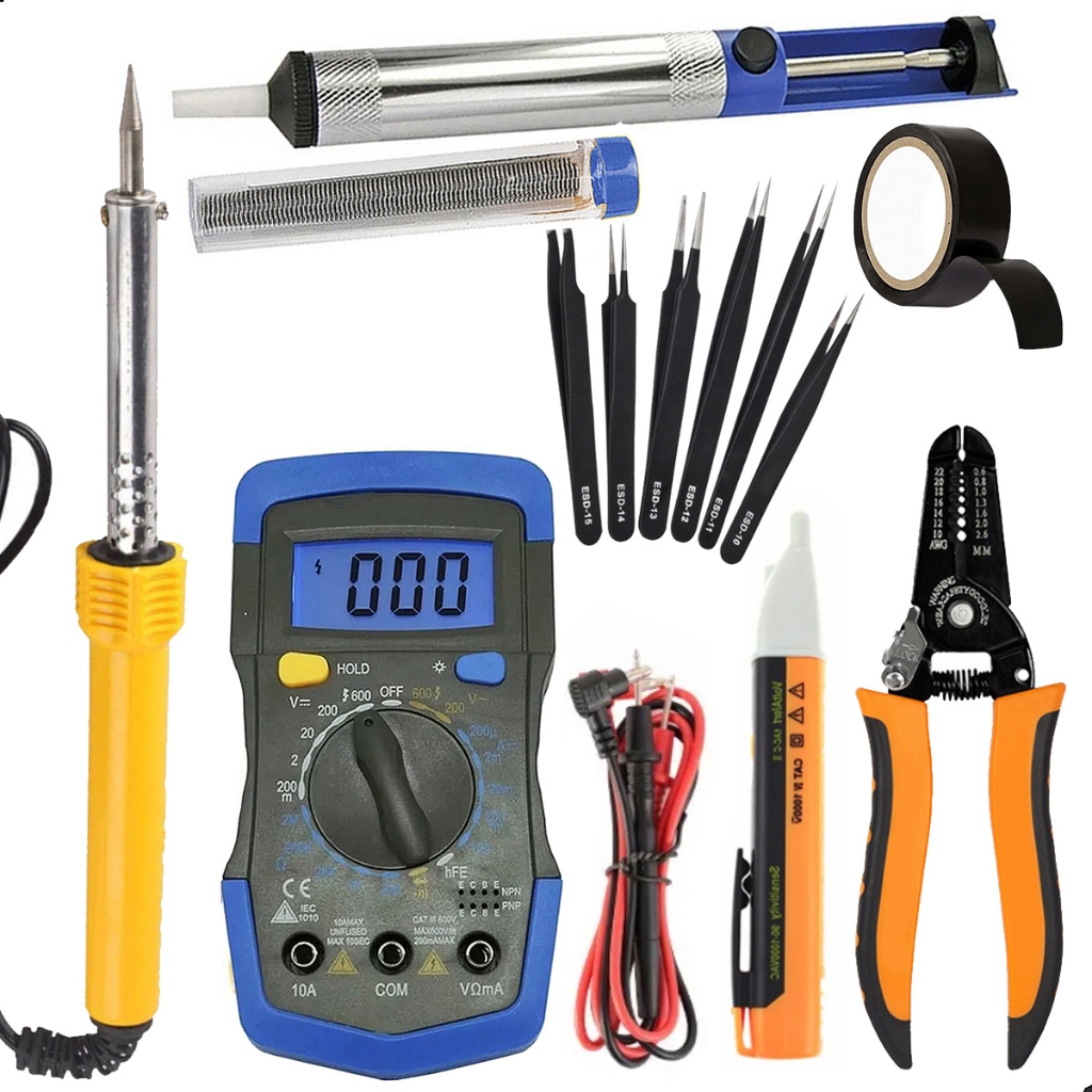 Ferramenta Eletrônica Profissional Solda Multimetro Sugador Alicate Fita Isolante 15 Pcs Kit