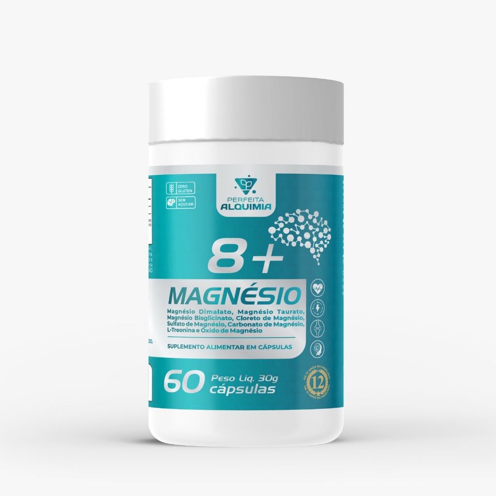 Magnésio 8X Power 60 caps / Dimalato, Taurato, Bisglicinato, Cloreto, Sulfato, Carbonato, L-Treonina, Óxido