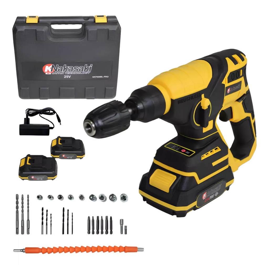 Martelete Rotativo Furadeira Industrial 25v 2 Baterias + Maleta 27 peças Oferta Relâmpago em Oferta na Shopee