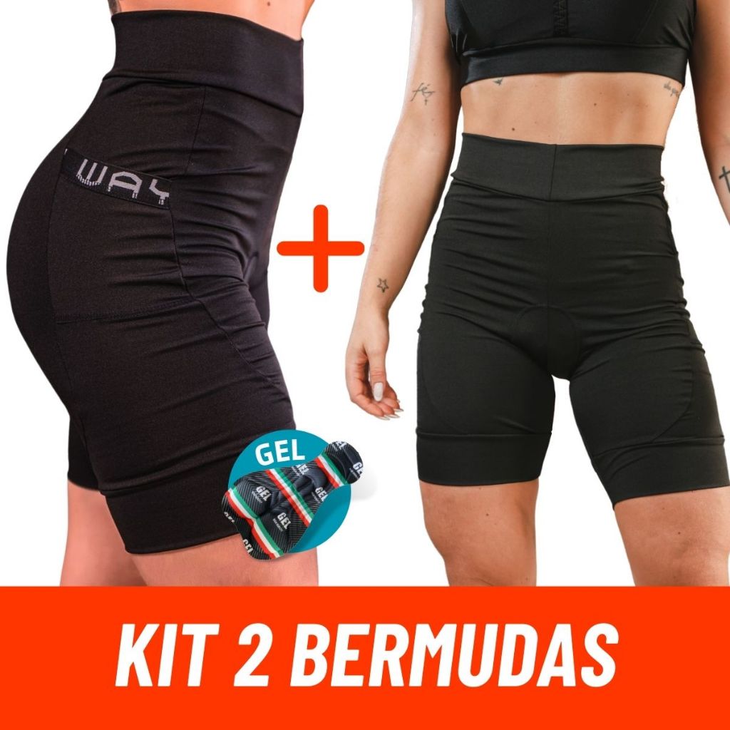 Kit Short Ciclismo Feminino Forro em Gel Bermuda Bike Ciclista com Bolsos Roupa Preta Pedal Mtb