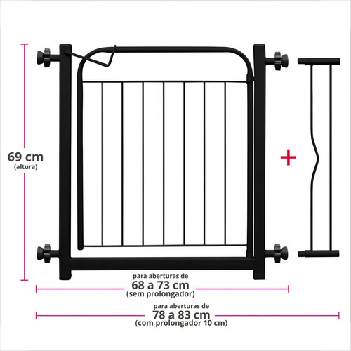 Grade Portão Portãozinho Proteção Pet Cães Cachorro Criança 69 A 84 Cm Preto