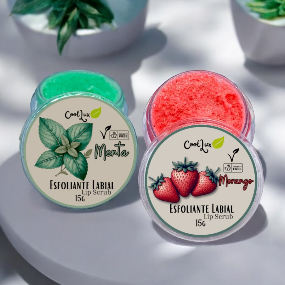 Esfoliante Natural Lip Scrub 15G Vegano com Vitamina E Sabores Morango, Maracujá e Menta