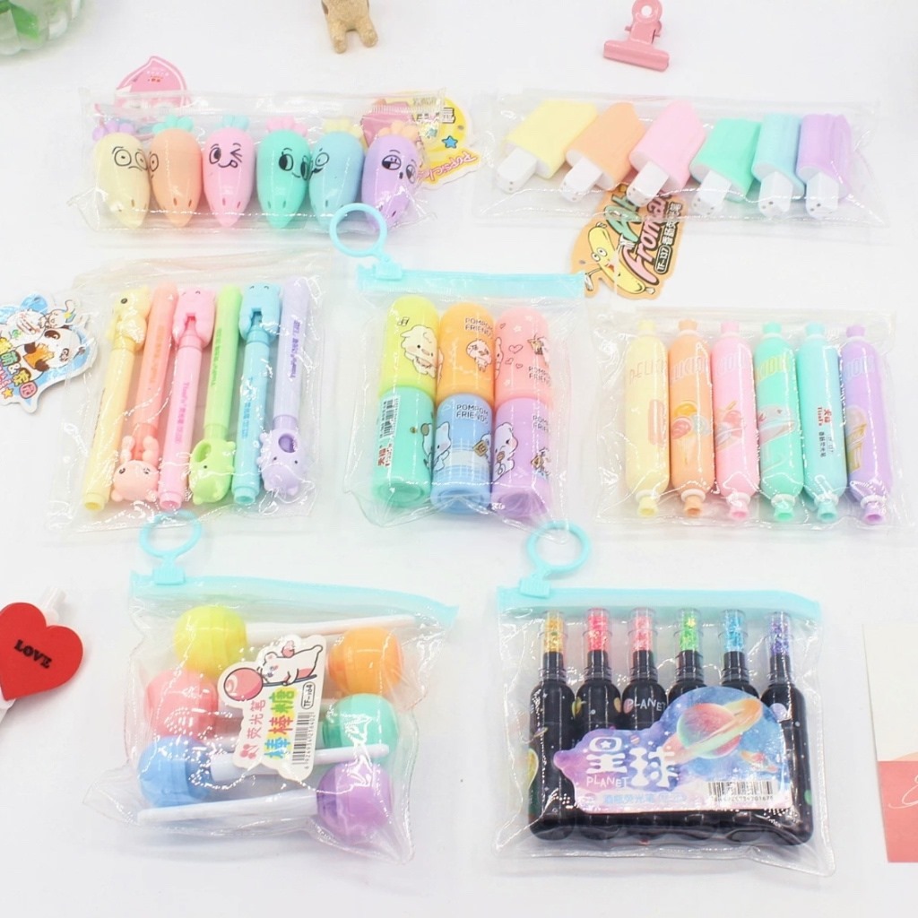 Kit 10 Pacotes/Com 6/5/4  Peças Mini Marcador De Texto / Kawaii Desenho Fofo Marca Texto em Oferta na Shopee