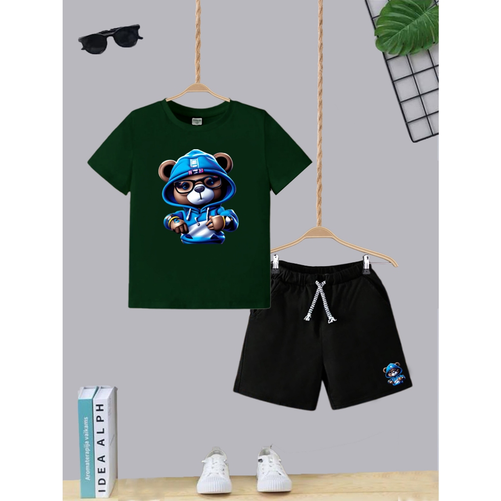 Kit Conjunto Infantil Short Com Bolso e Camiseta Algodão Urso Moletom Moda Teen Kids Juvenil