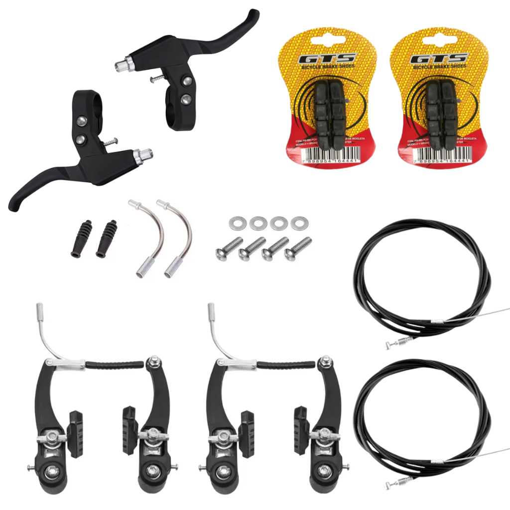 Kit Jogo De Freio Para Bike Bicicleta V-Brake Nylon Tipo Logan C/ Manetes Cabos e Sapatas GTS Completo