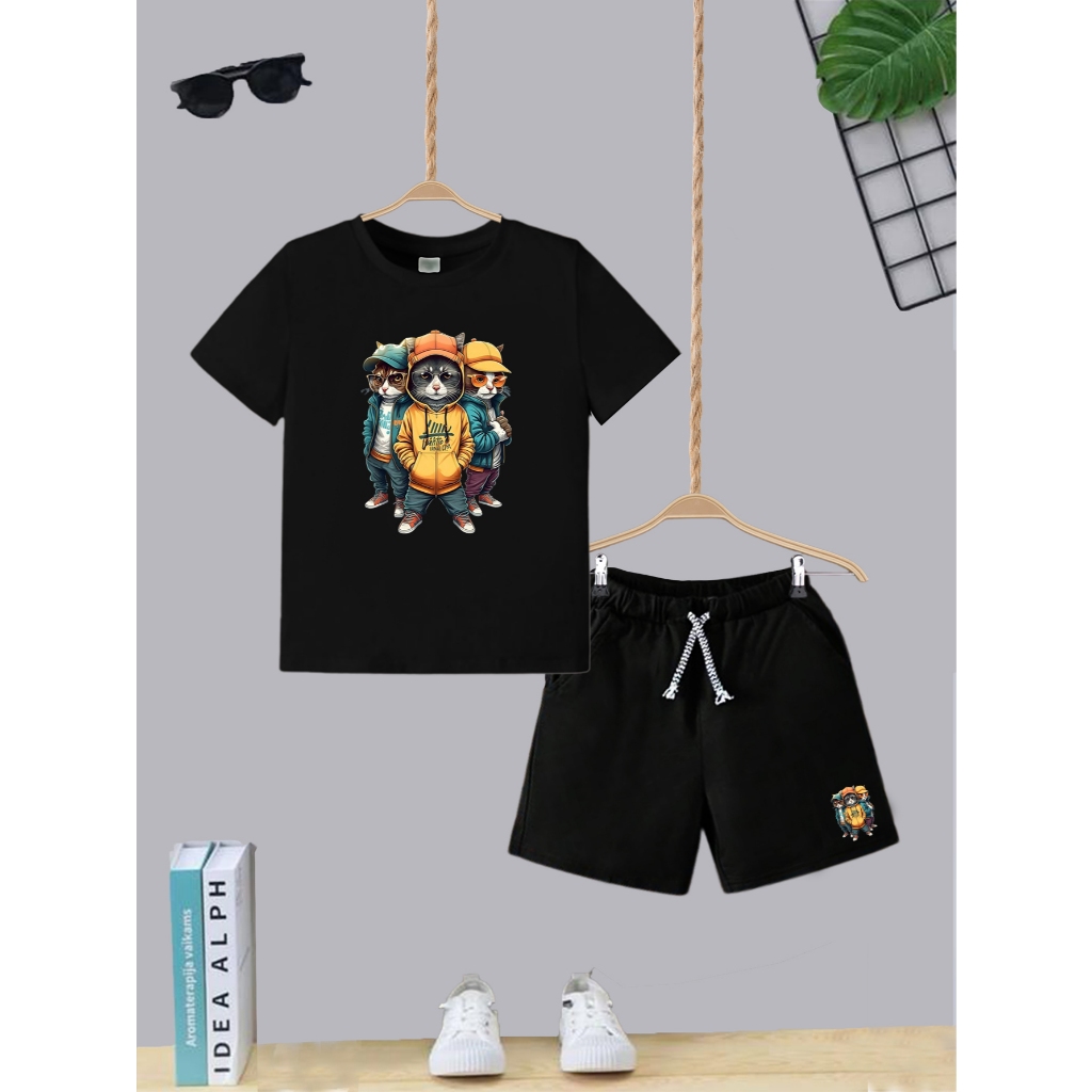 Kit Camiseta + Short com Bolso Conjunto Juvenil Infantil Algodão Confortável Gatos Estilosos Roupa
