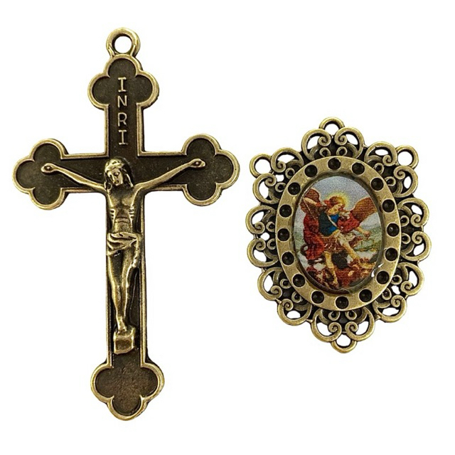 1 Pingente Crucifixo Ouro Velho + 1 Entremeio Ouro Velho São Miguel