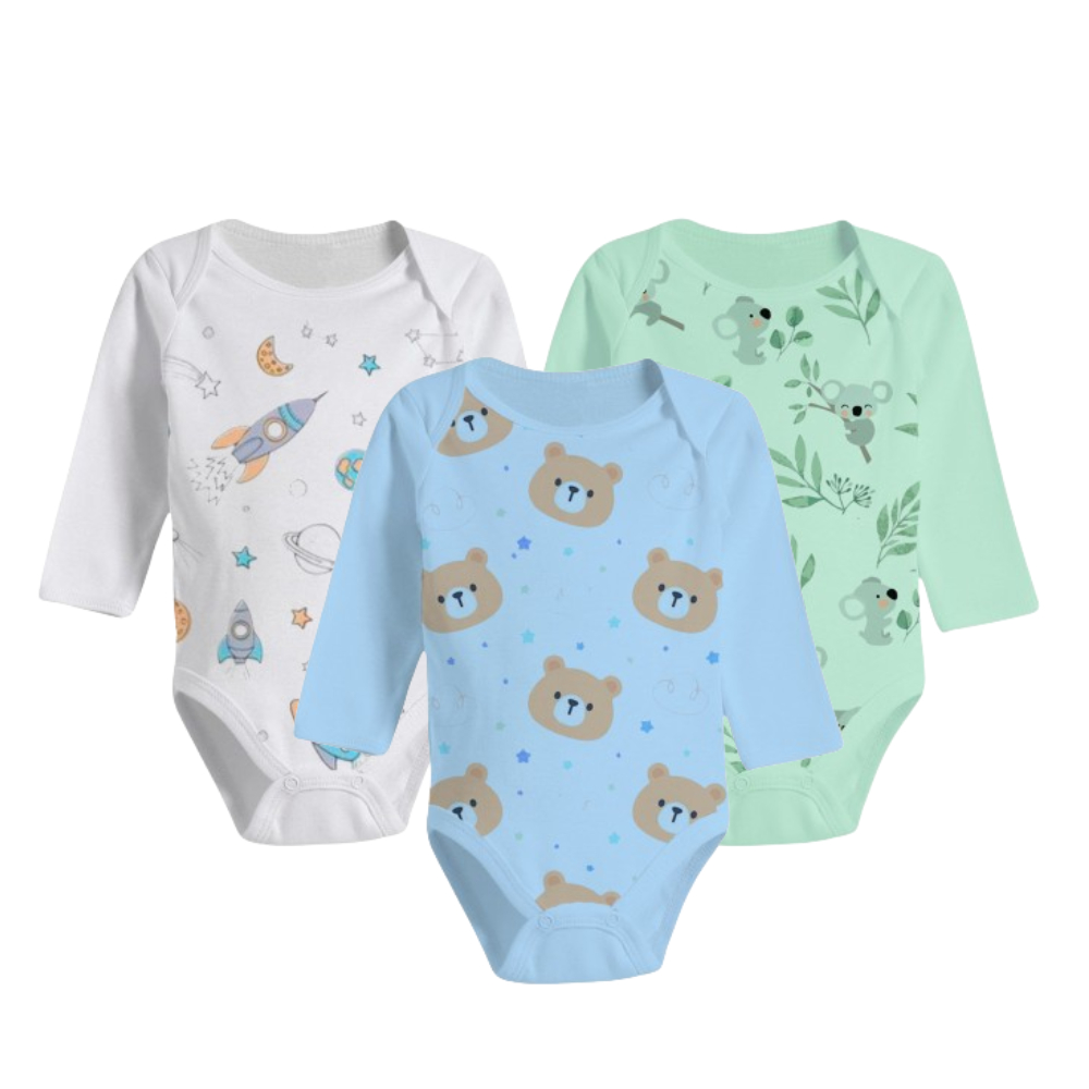 Kit Roupa De Bebê 3 Peças Body Estampado Manga Longa Algodão em Oferta na Shopee