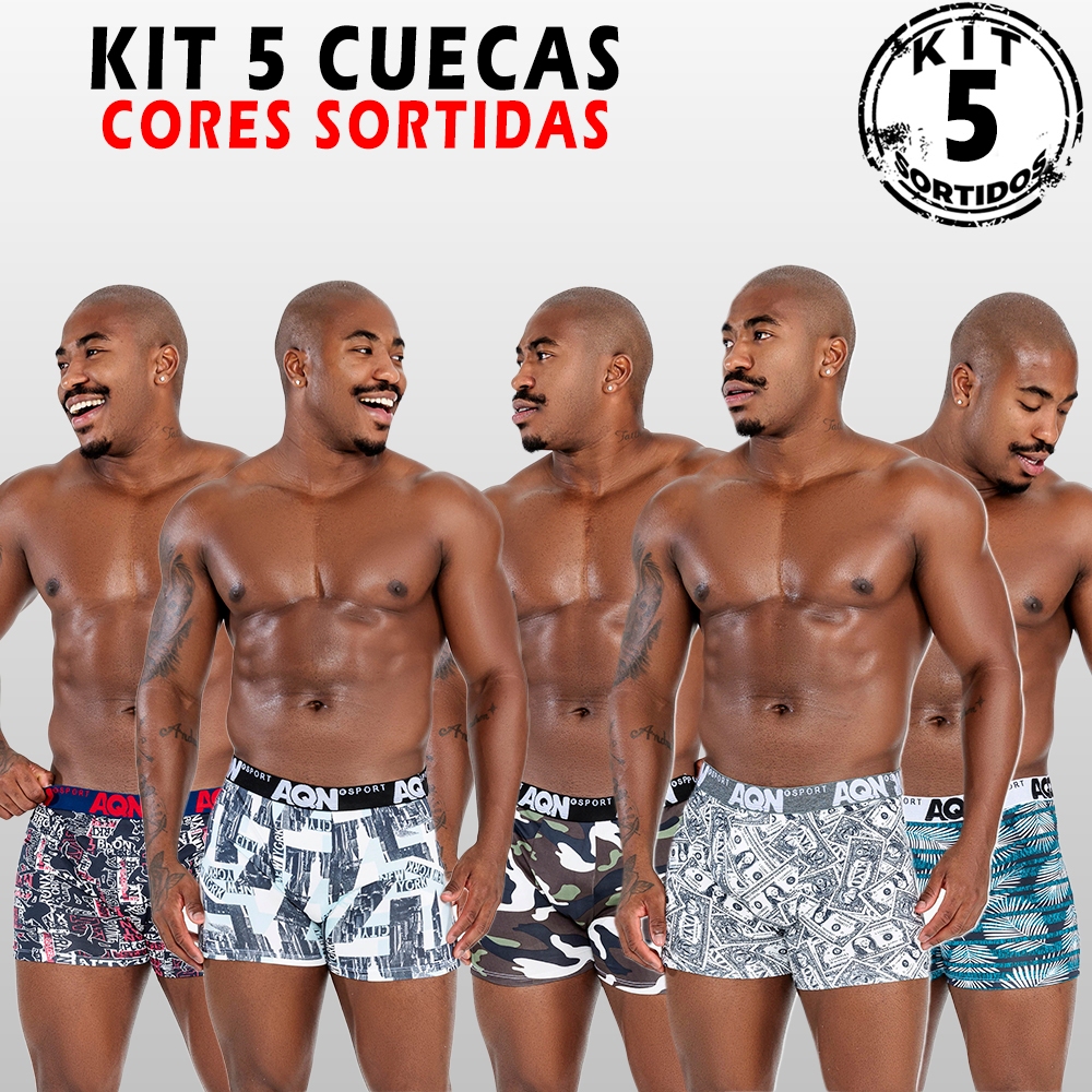 Kit 5 Cuecas Boxer Adulto Microfibra Estampada Confortável Original AQN SPORT