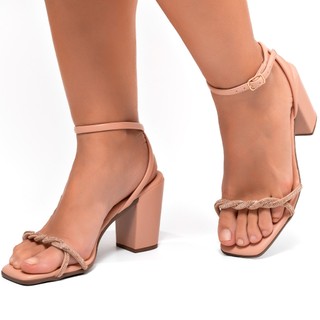 Sandália Feminina Lumiss Confortável Tiras Salto Alto Bloco Strass Brilho Nude em Oferta na Shopee
