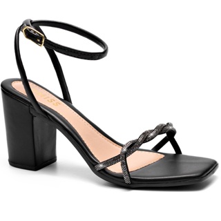 Sandália Feminina Lumiss Confortável Tiras Salto Alto Bloco Strass Brilho Preto em Oferta na Shopee