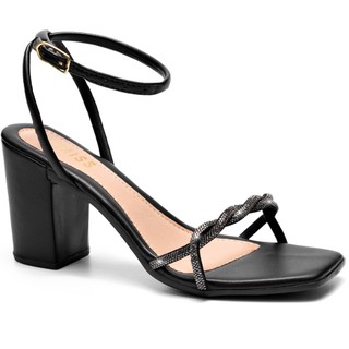 Sandália Feminina Lumiss Confortável Tiras Salto Alto Bloco Strass Brilho Preto em Oferta na Shopee