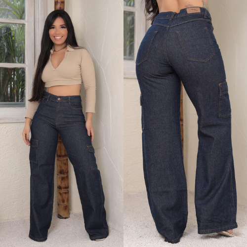 Calça Wide leg feminina jeans bolso cargo escura tendência pantalona lançamento