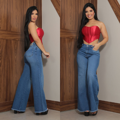 Calça Wide leg Feminina Jeans Pantalona Básica Cintura alta barra desfiada Premium
