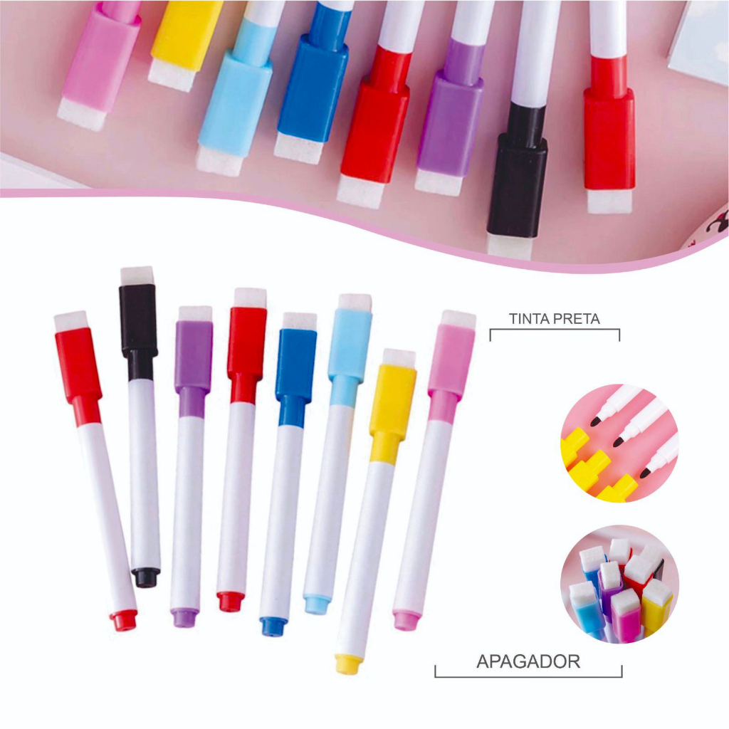 Kit 10/ 20/ 30/ 40/ 50 Canetas Para Quadro Branco Com Tampa Colorida - Tinta Preta