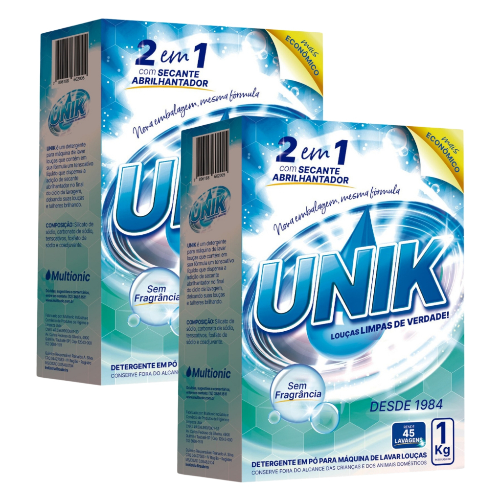 2x Sabão em Pó Para Maquina de Lavar Louça Unik 1kg Detergente Sem Frangrância