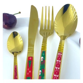 Jogo De Talheres Natal 4 Unidades Em Aço Inox Dourado