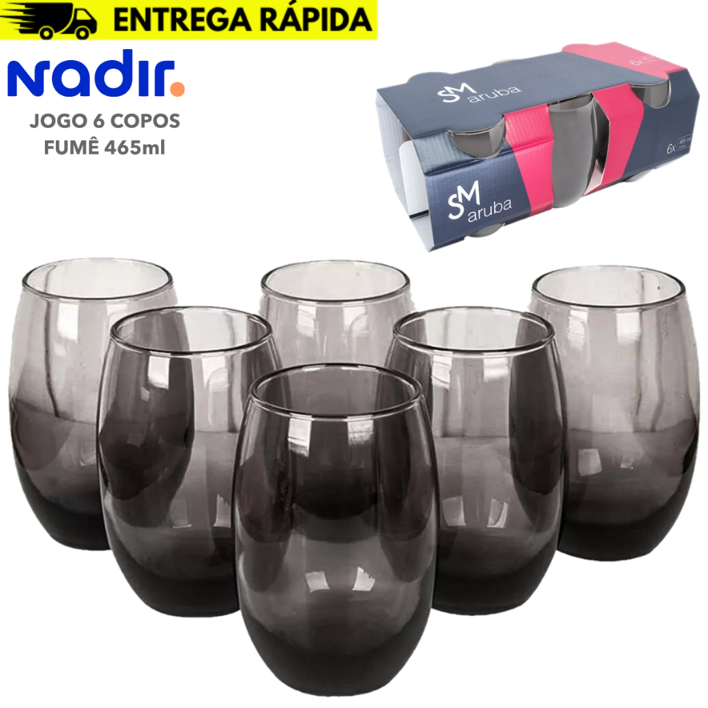 Jogo 6 Copos Aruba Vidro Fumê Multiuso Luxo 465ml Cinza - Nadir Refrigerante Suco