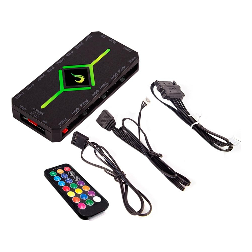Hub Controladora Led Rgb 4 Pinos 12v + PWM Até 9 Fans Coolers Fitas | Com Controle Remoto + Acessórios | Rise Mode Gamer