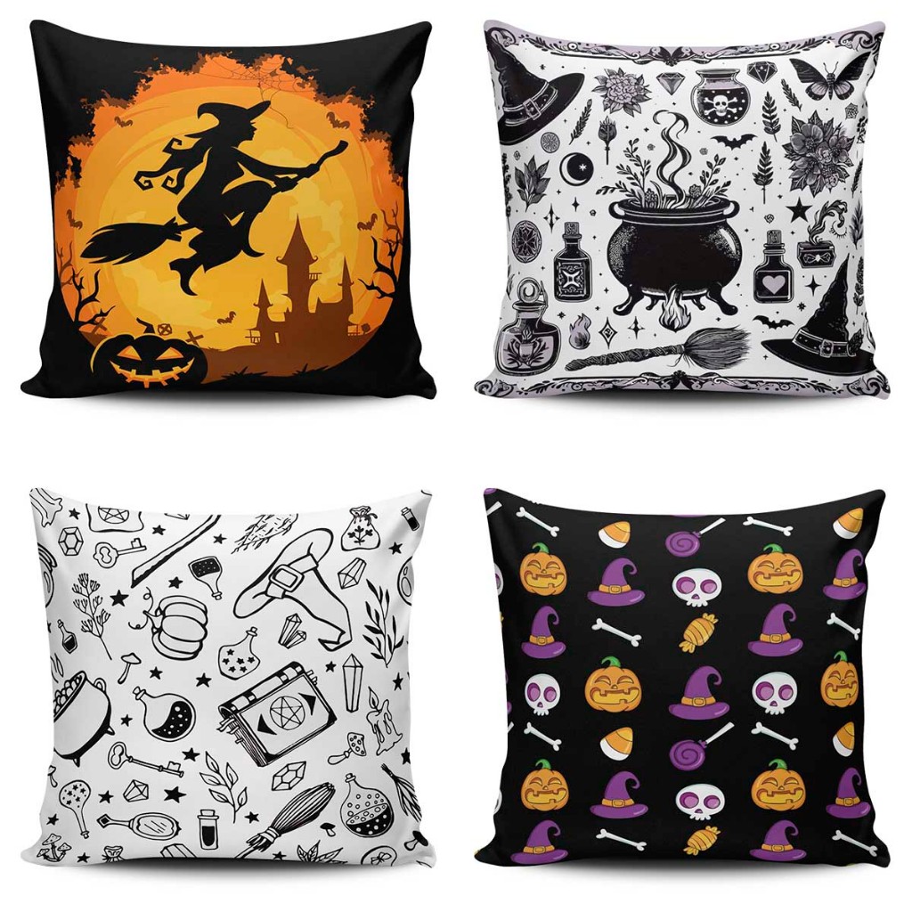 Kit 4 Capas de Almofada 42x42 Oxford Zíper Decoração Halloween Estampas Exclusivas Frente e Verso