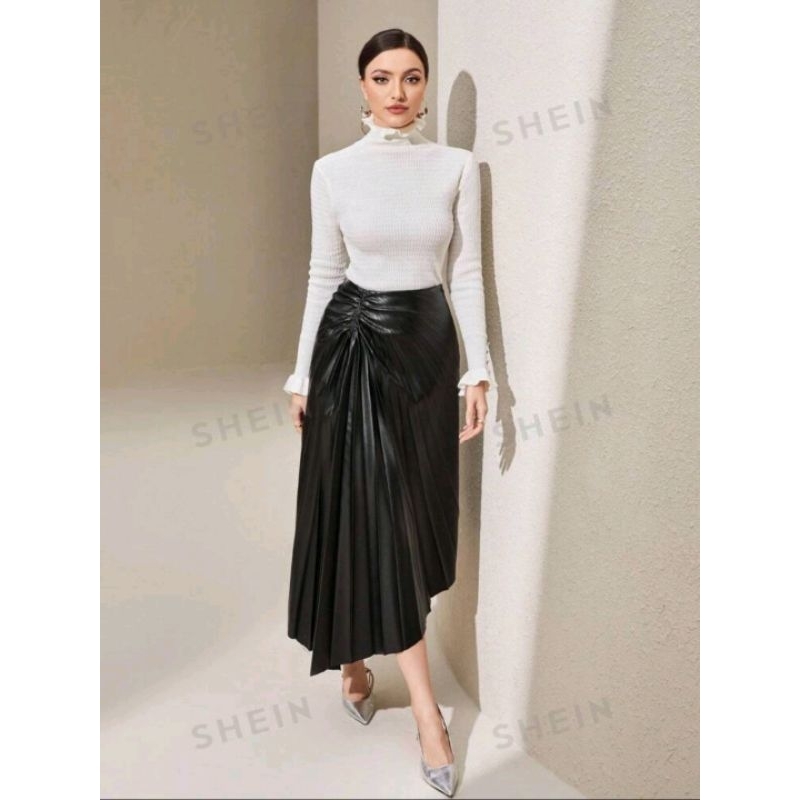 Saia plissada em Courino FOTO REAL DO PRODUTO saia em couro PU alta qualidade moda feminina couro sintético promoção