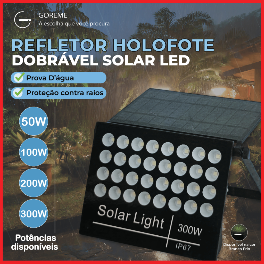 Refletor Solar Led 300w Placa Solar A Prova Dágua Ajustável Dobrável Luz Fria | 50W 100W 200W 300W - Home & Living