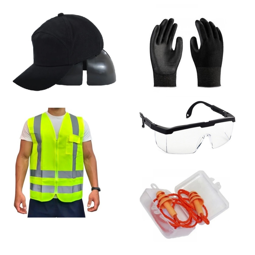 Kit Proteção Epi Boné com casquete Colete Refletivo Luva PU óculos Modelo Rj Protetor Auricular